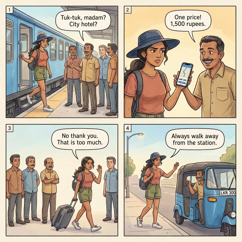 The Kandy Railway Station Tuk-Tuk Mafia — comic illustration