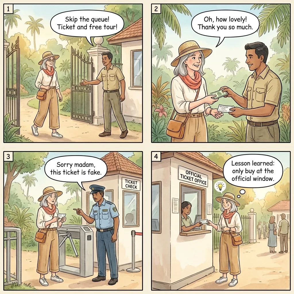 The Botanical Garden Fake Ticket Seller — comic illustration