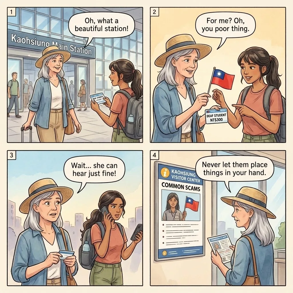 Kaohsiung Main Station 'I Love Taiwan' Flag Vendor Scam — comic illustration
