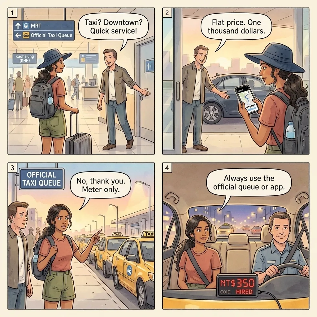 Kaohsiung Airport  & Zuoying HSR Illegal Taxi Touts — comic illustration