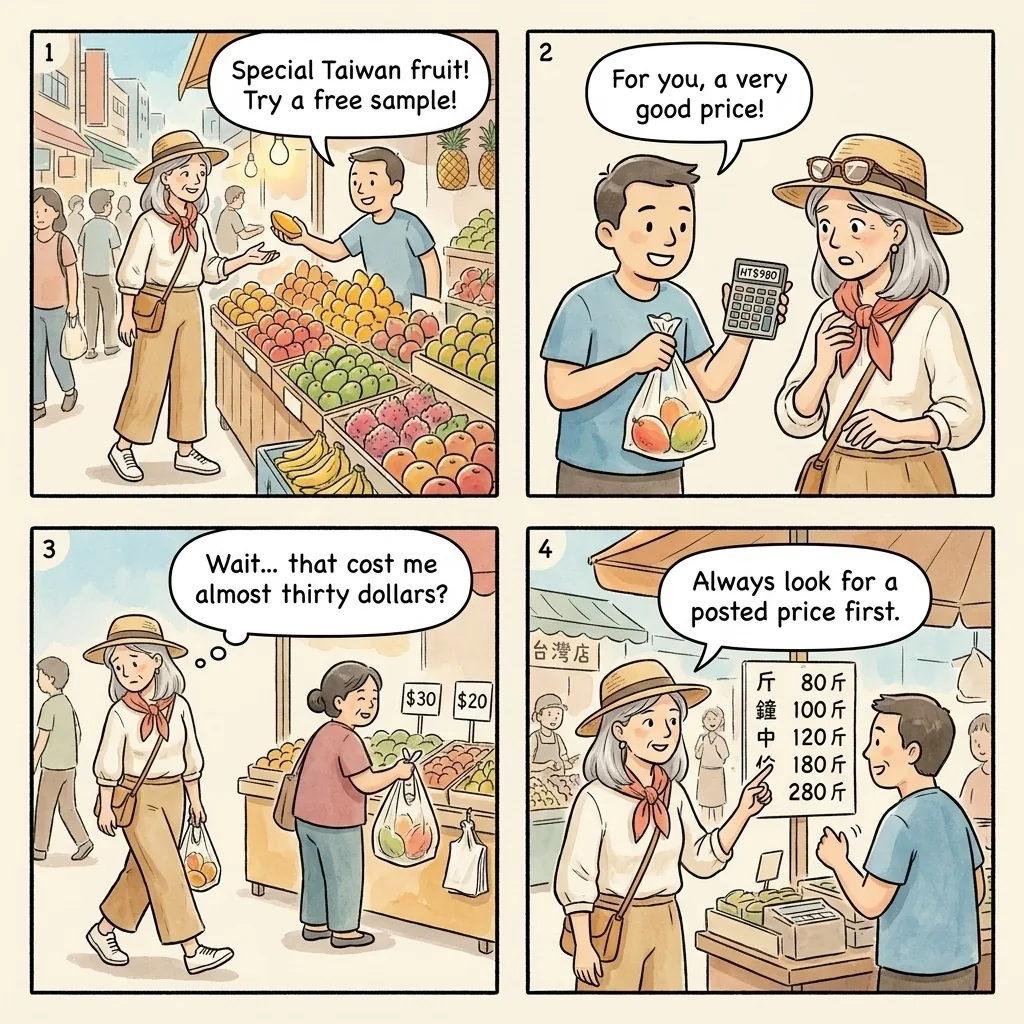 Kaohsiung Night Market & Dream Mall Kiosk Overcharging — comic illustration
