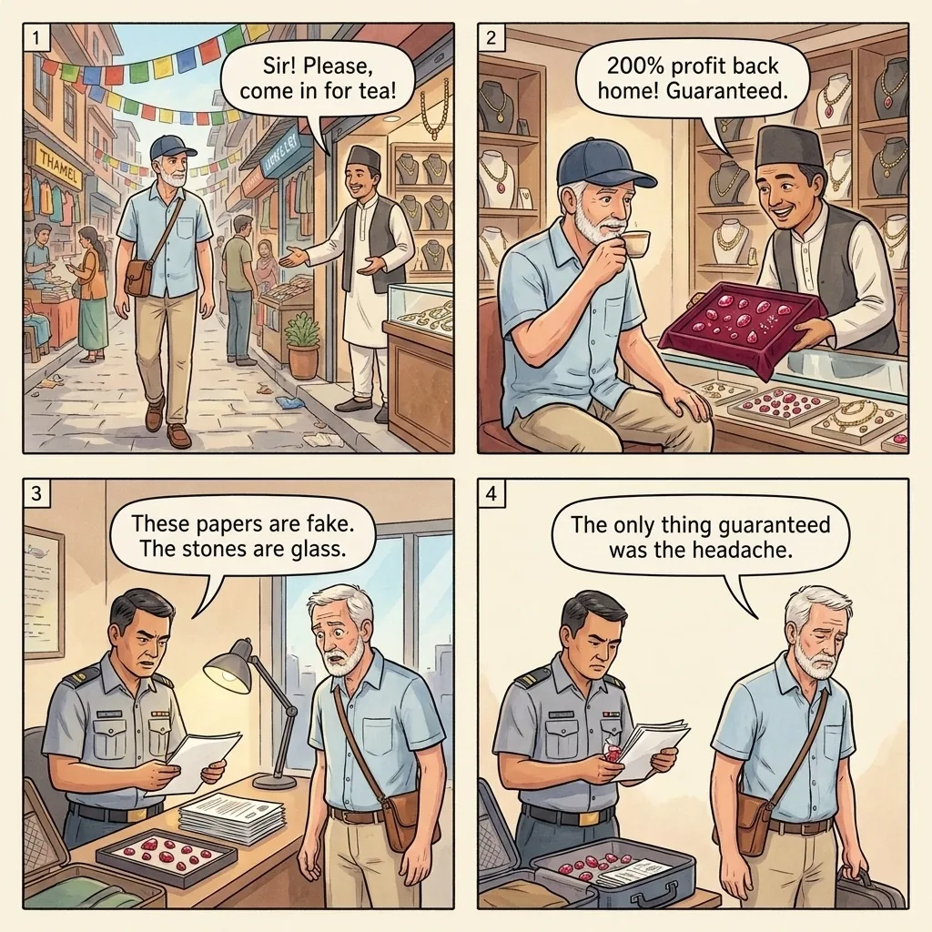 The Thamel Gem-Resale Profit Pitch — comic illustration
