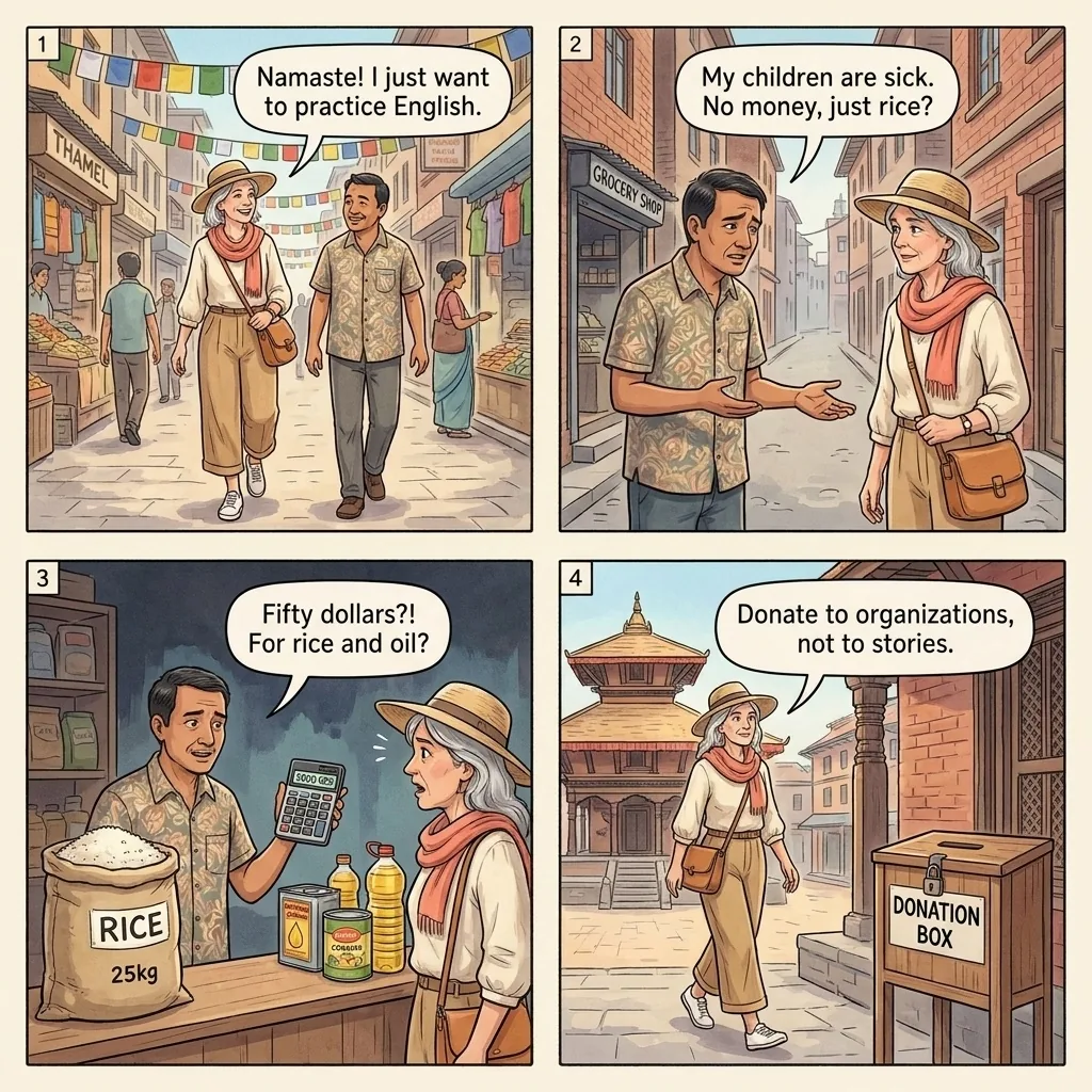 The Thamel 'Sick Family' Rice-Bag Hustle — comic illustration