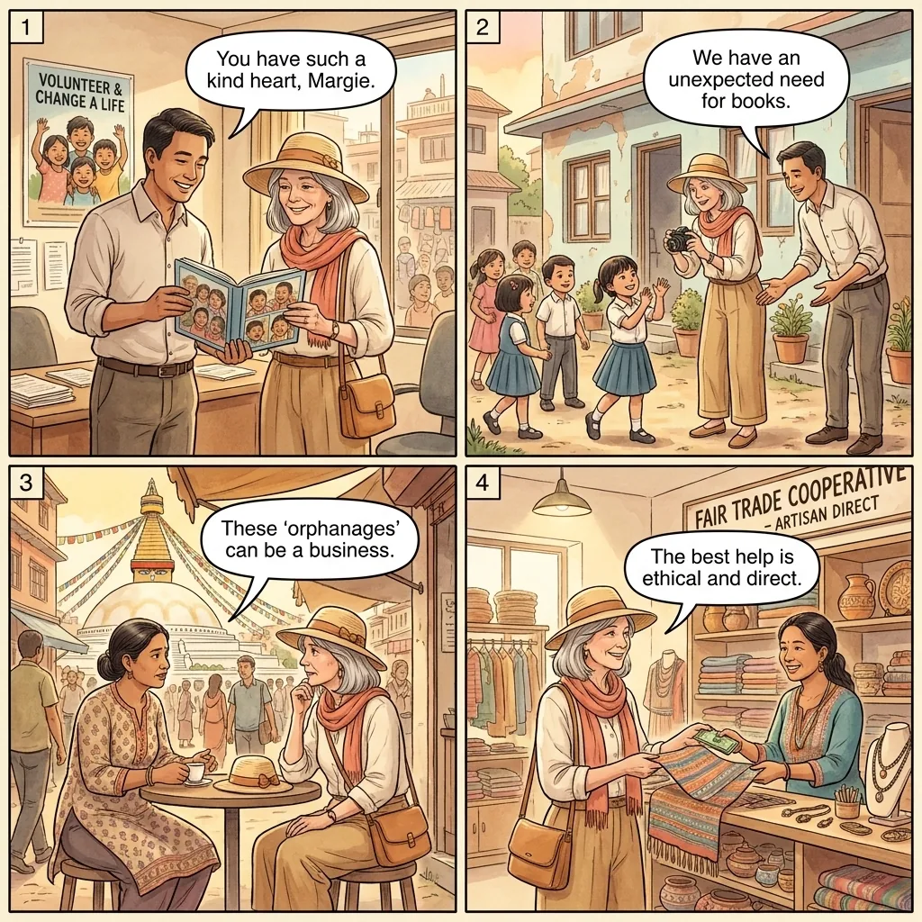 The Kathmandu Voluntourism 'Orphanage' Setup — comic illustration