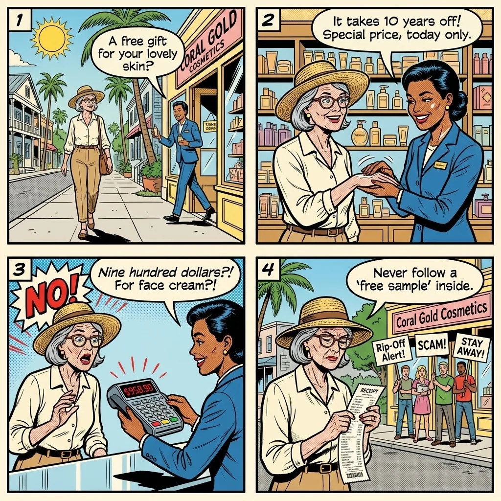 The Cosmetics Shop High-Pressure Scam — comic illustration