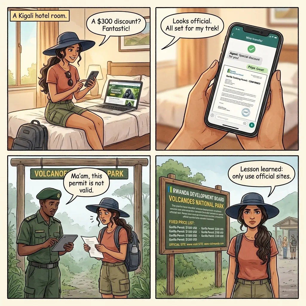 The Kigali Fake Gorilla-Permit Agent — comic illustration