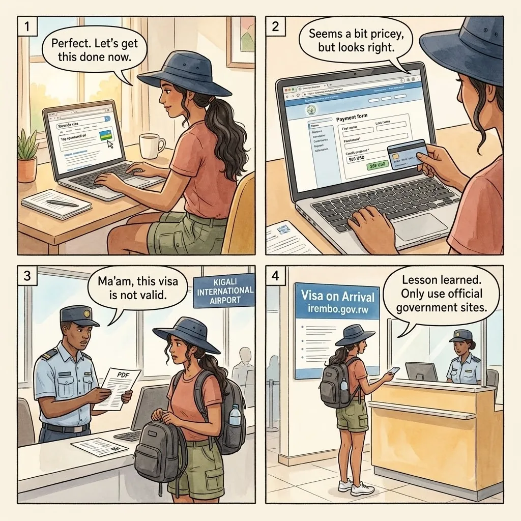 The Rwanda Fake eVisa Lookalike — comic illustration