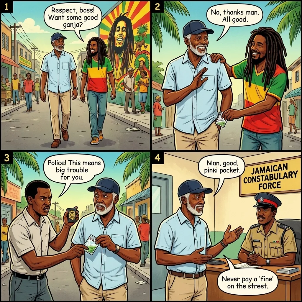 The Kingston Ganja Pocket-Plant Entrapment — comic illustration