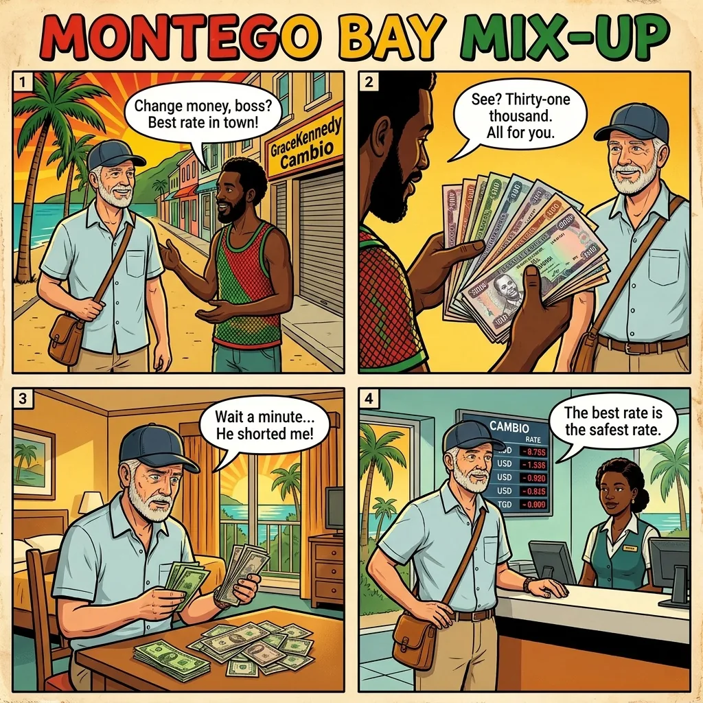 The Downtown Kingston Money-Changer Switcheroo — comic illustration