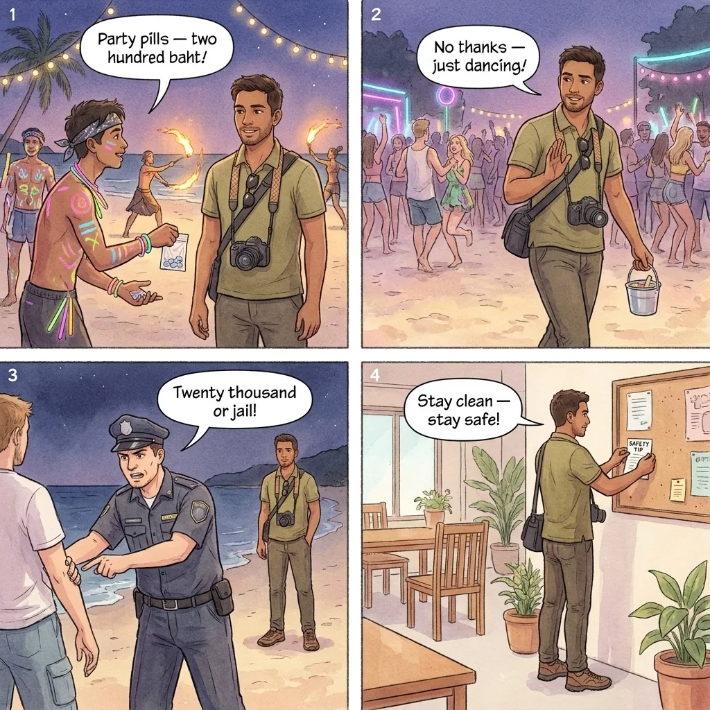 Full Moon Party Drug Stings & Police Cash Extortion — comic illustration
