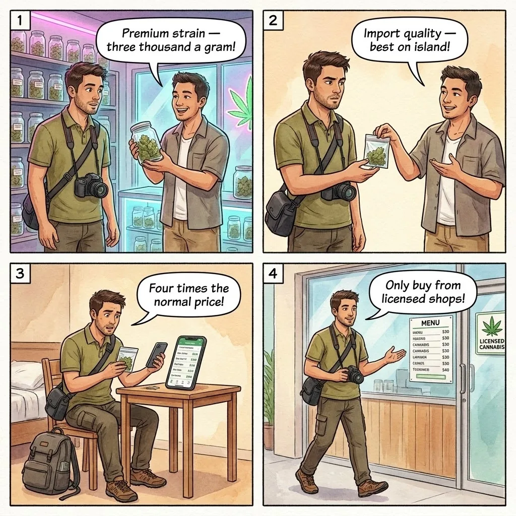 Cannabis Dispensary Overpricing & Fake-Strength Flower — comic illustration