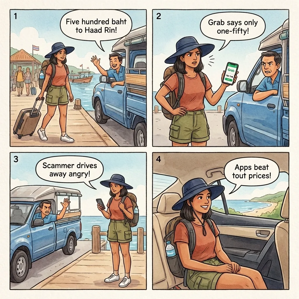 Thong Sala Pier Taxi/Songthaew Price Gouging — comic illustration