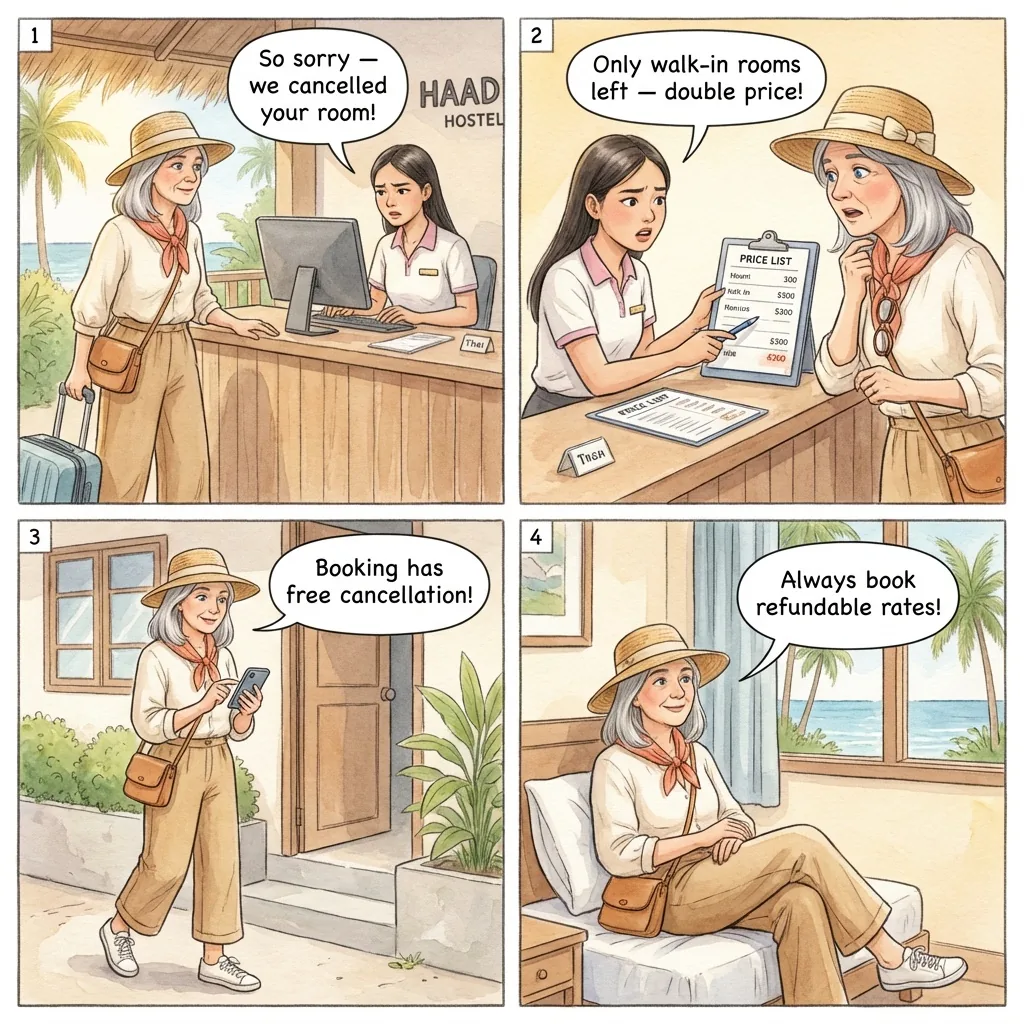 Haad Rin Accommodation 'Last-Minute Cancellation' Fraud — comic illustration