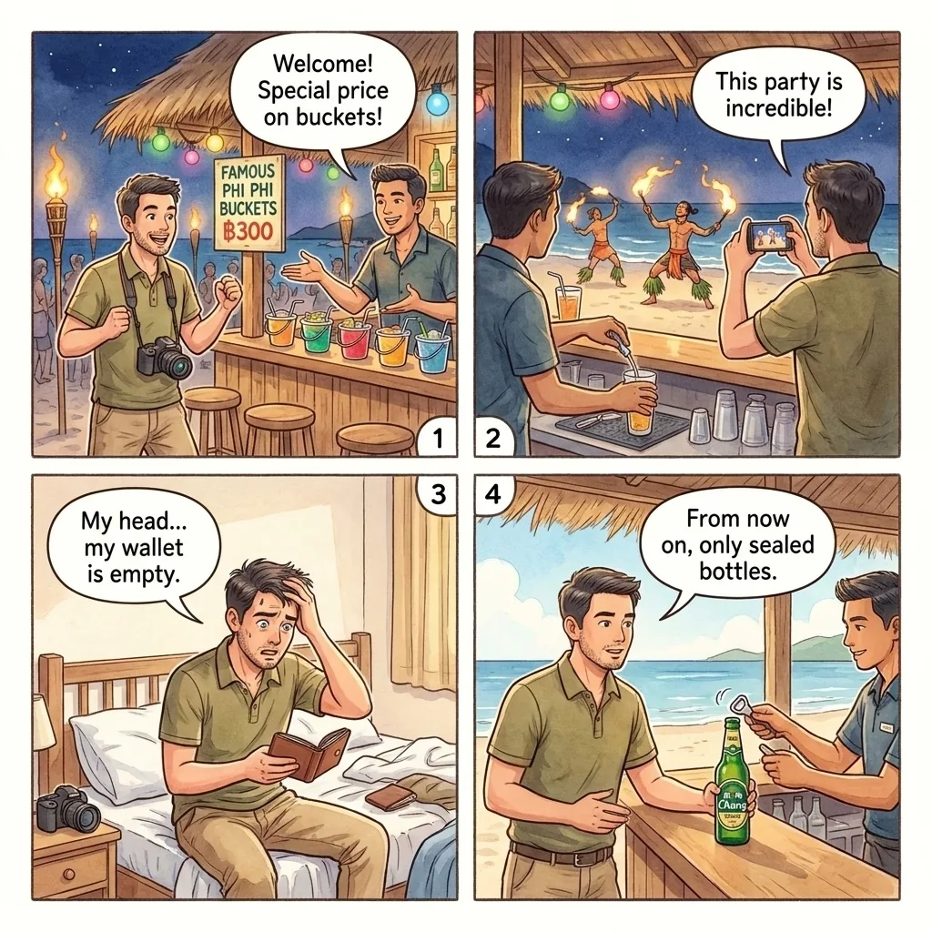 Phi Phi 'Bucket' Drink Spiking & Watered Cocktails — comic illustration
