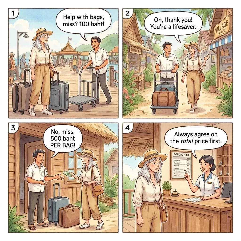 Tonsai Village Luggage Porter Overcharge — comic illustration