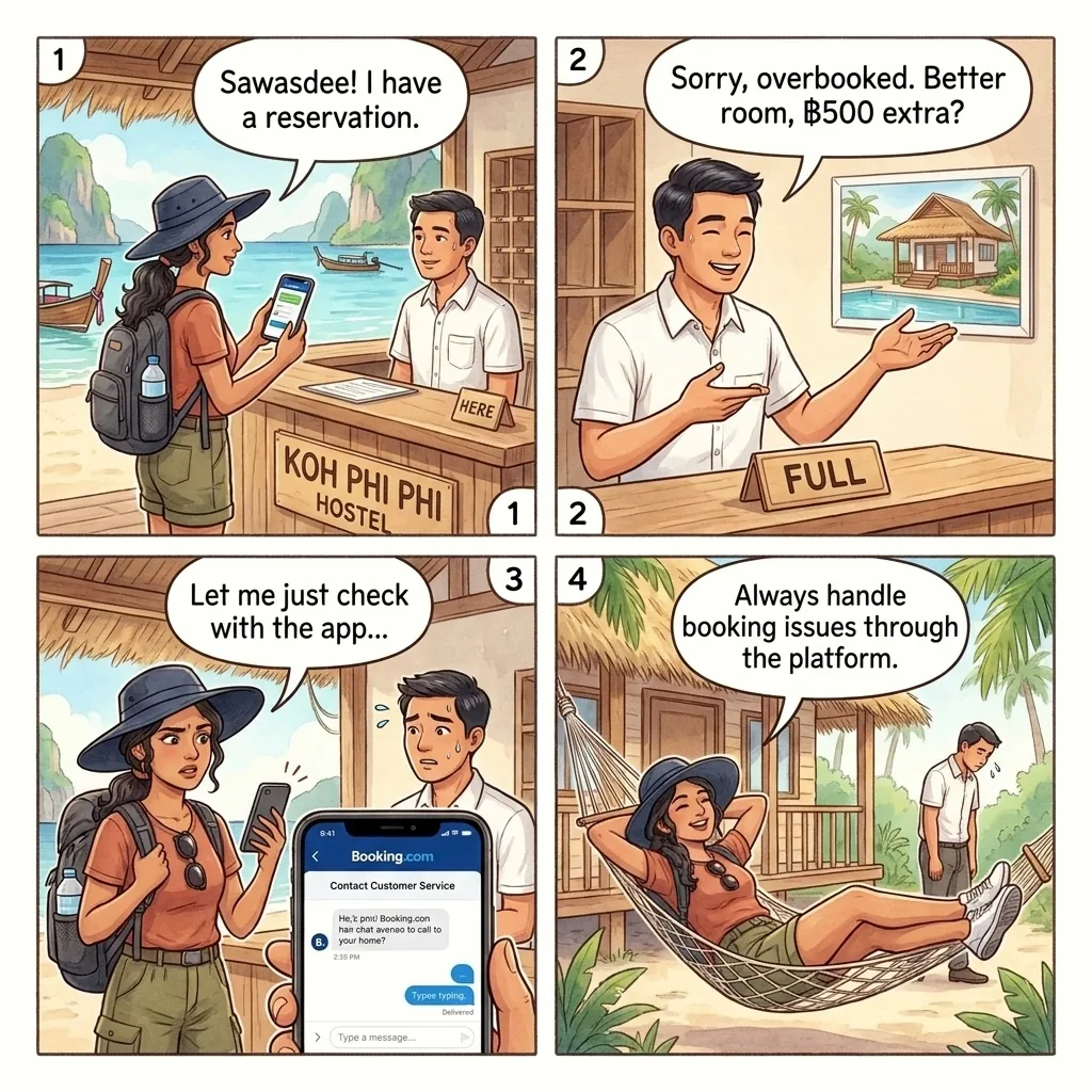 Phi Phi Accommodation Over-Booking & 'Upgrade' Fee — comic illustration