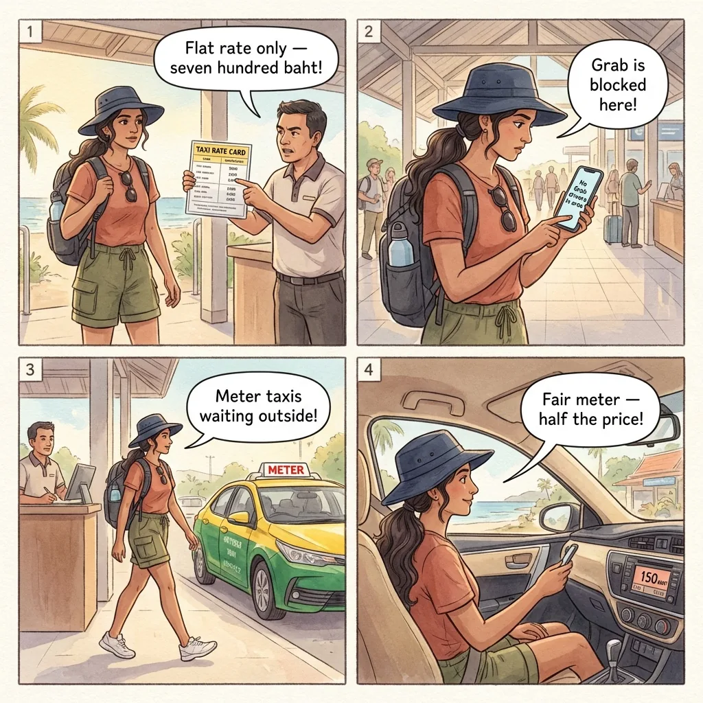 Koh Samui Airport Taxi Mafia & Grab Blocking — comic illustration