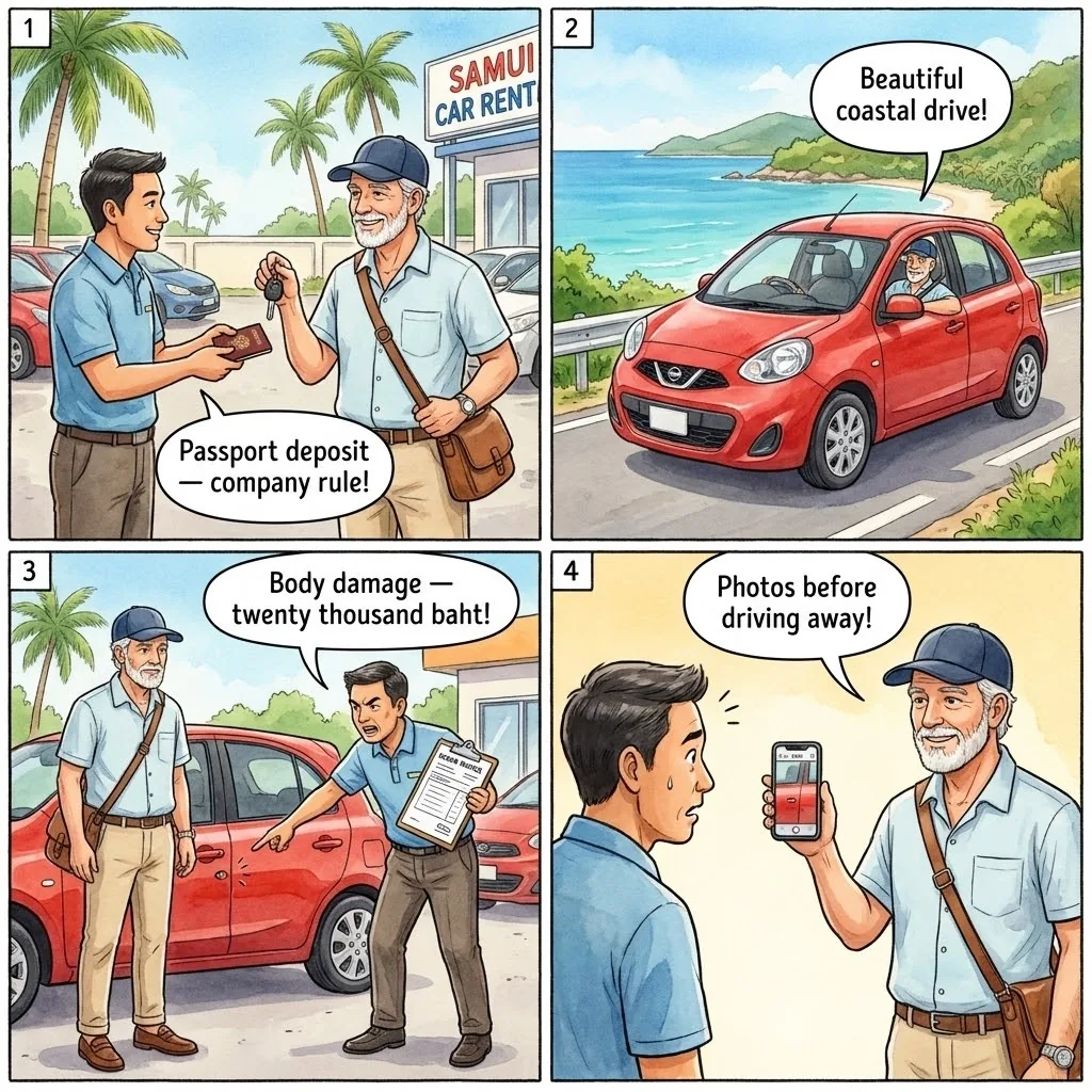 Car & Scooter Rental 'Damage' Fee Shakedown — comic illustration