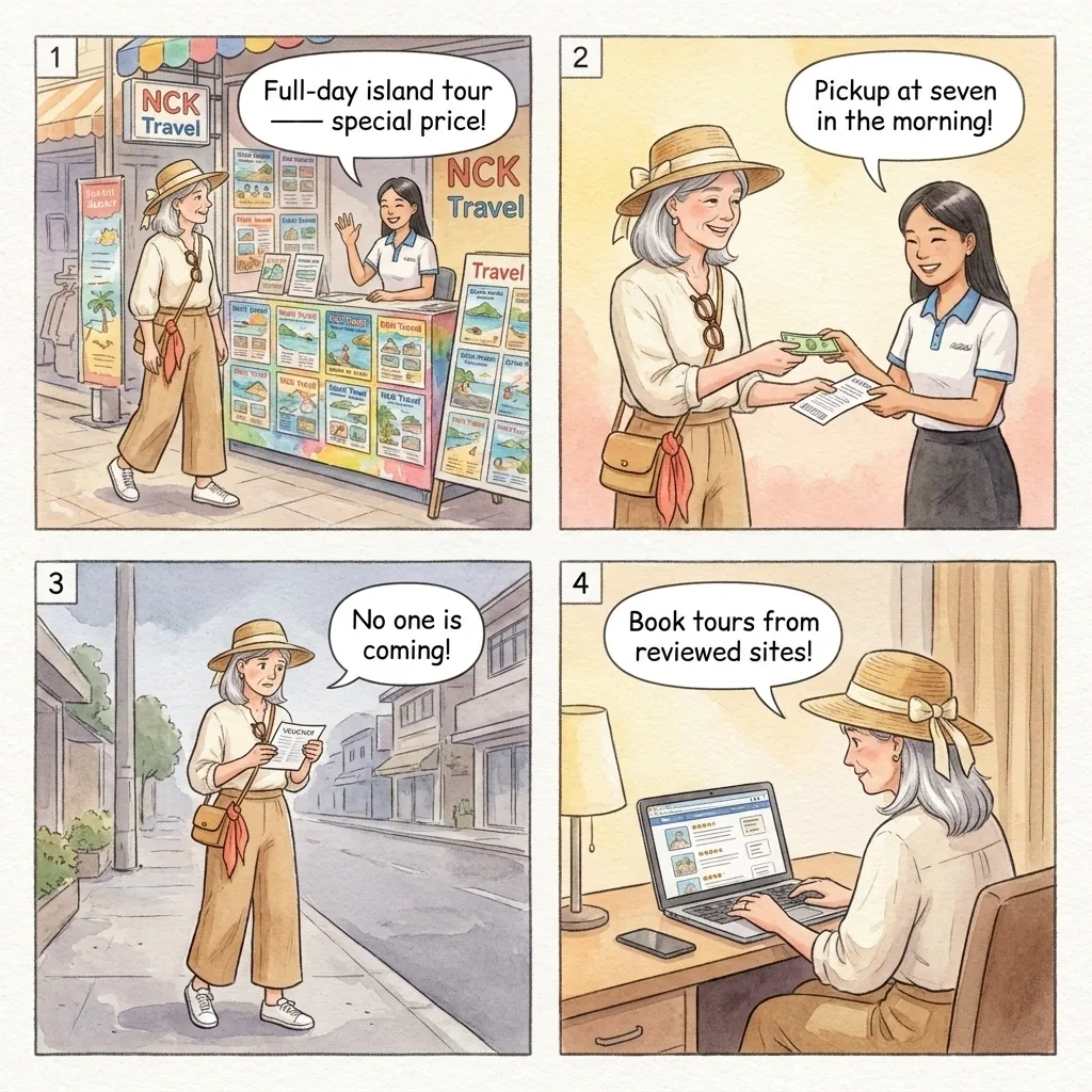NCK Travel & 'Funny Day Tours' Fake Tour Booking — comic illustration