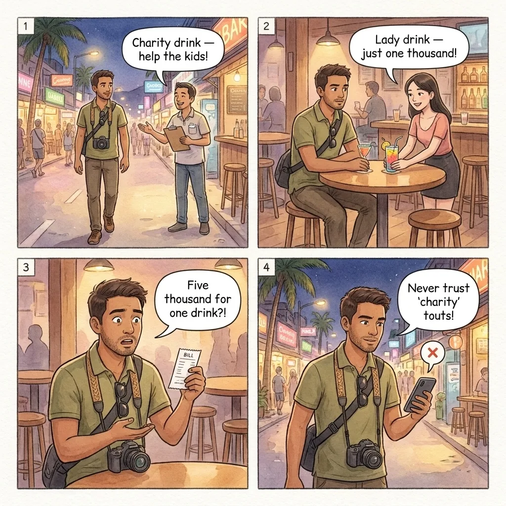 Chaweng Bar 'Lady Drink' & Ladyboy Charity Tout — comic illustration