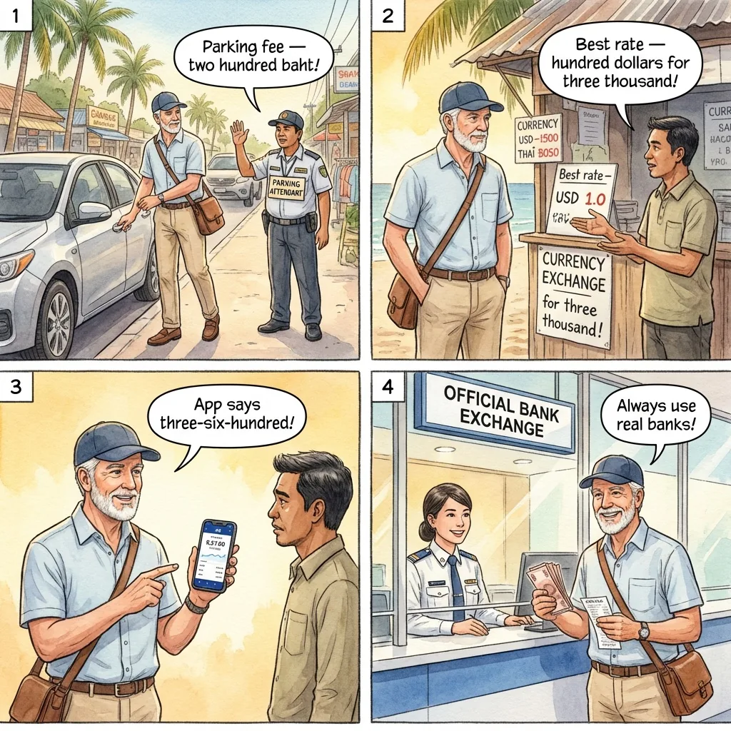 Chaweng Parking 'Attendant' Fee & Fake Currency Exchange — comic illustration