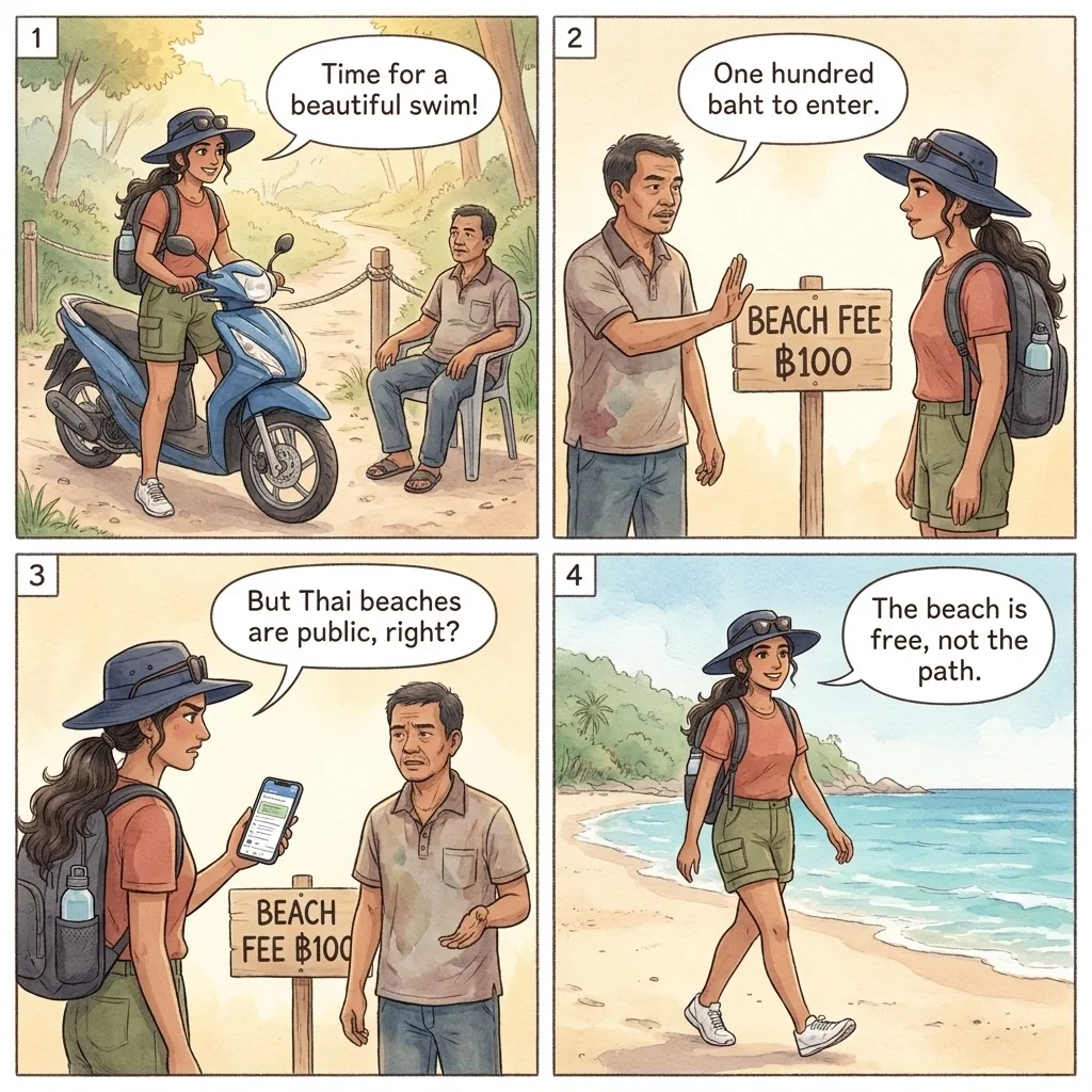 Beach Entrance Fees & Private-Beach Gate Keepers — comic illustration