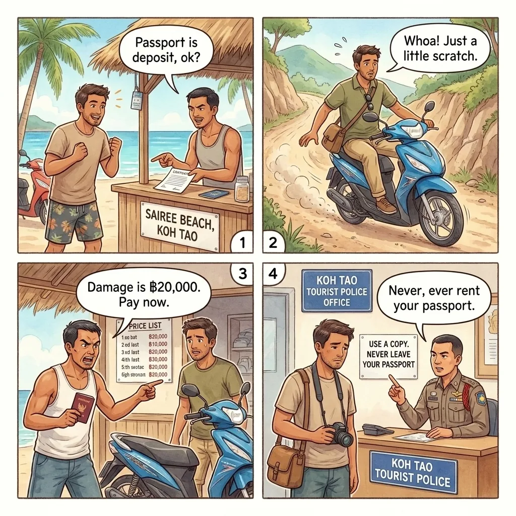 Scooter Rental Passport-Hostage Damage — comic illustration