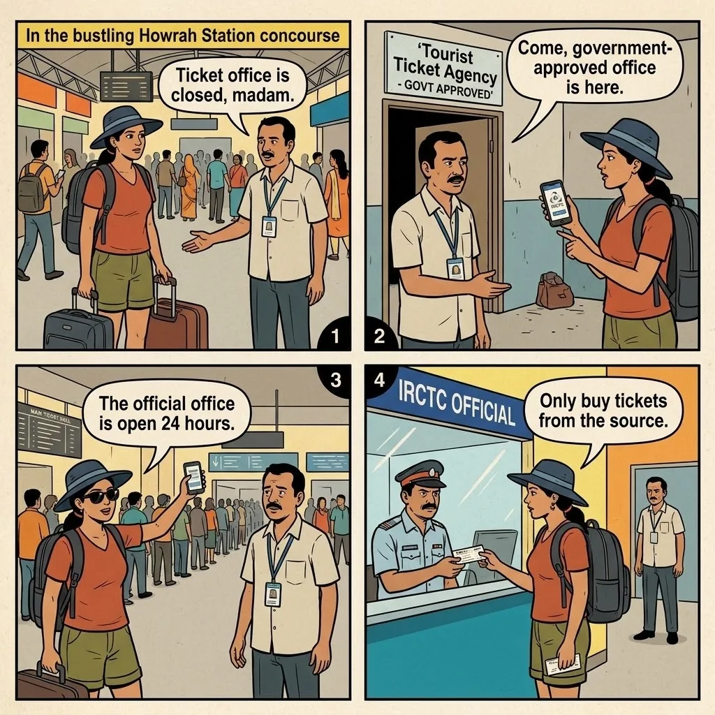 The Howrah Station Ticket Trap — comic illustration
