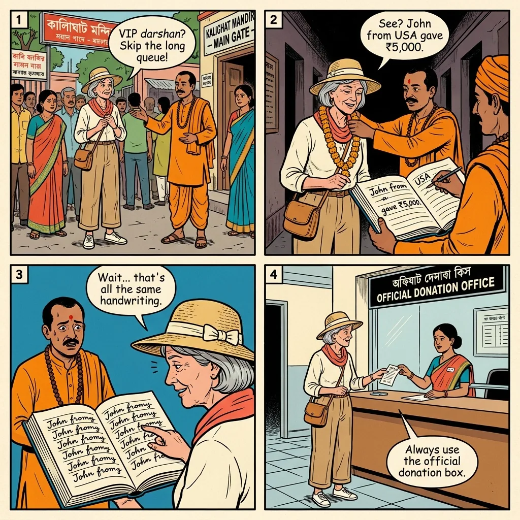 The Kalighat Temple Donation Scam — comic illustration
