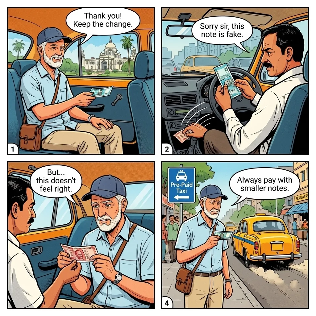 The Kolkata Driver Currency-Note Swap — comic illustration