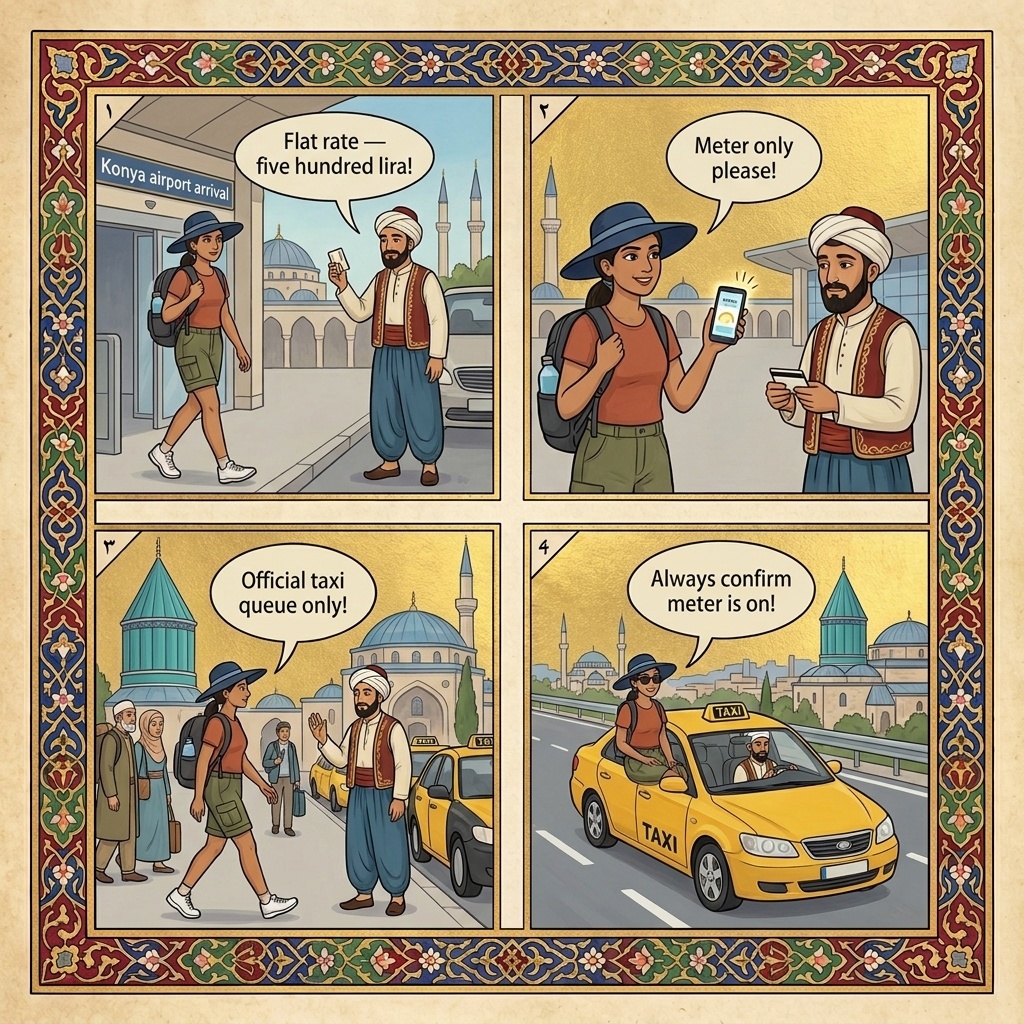 Konya YHT Station Taxi & Hotel Booking Overcharge — comic illustration