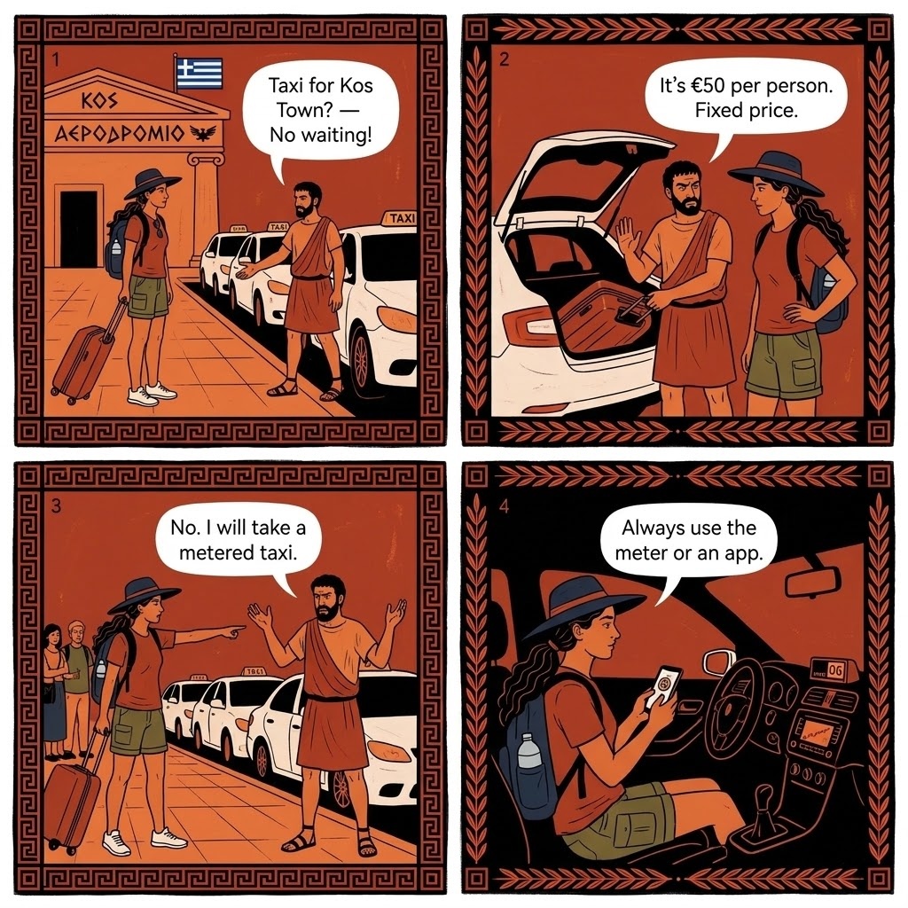 Kos Airport KGS 'Hotel Booking' Per-Person Taxi — comic illustration