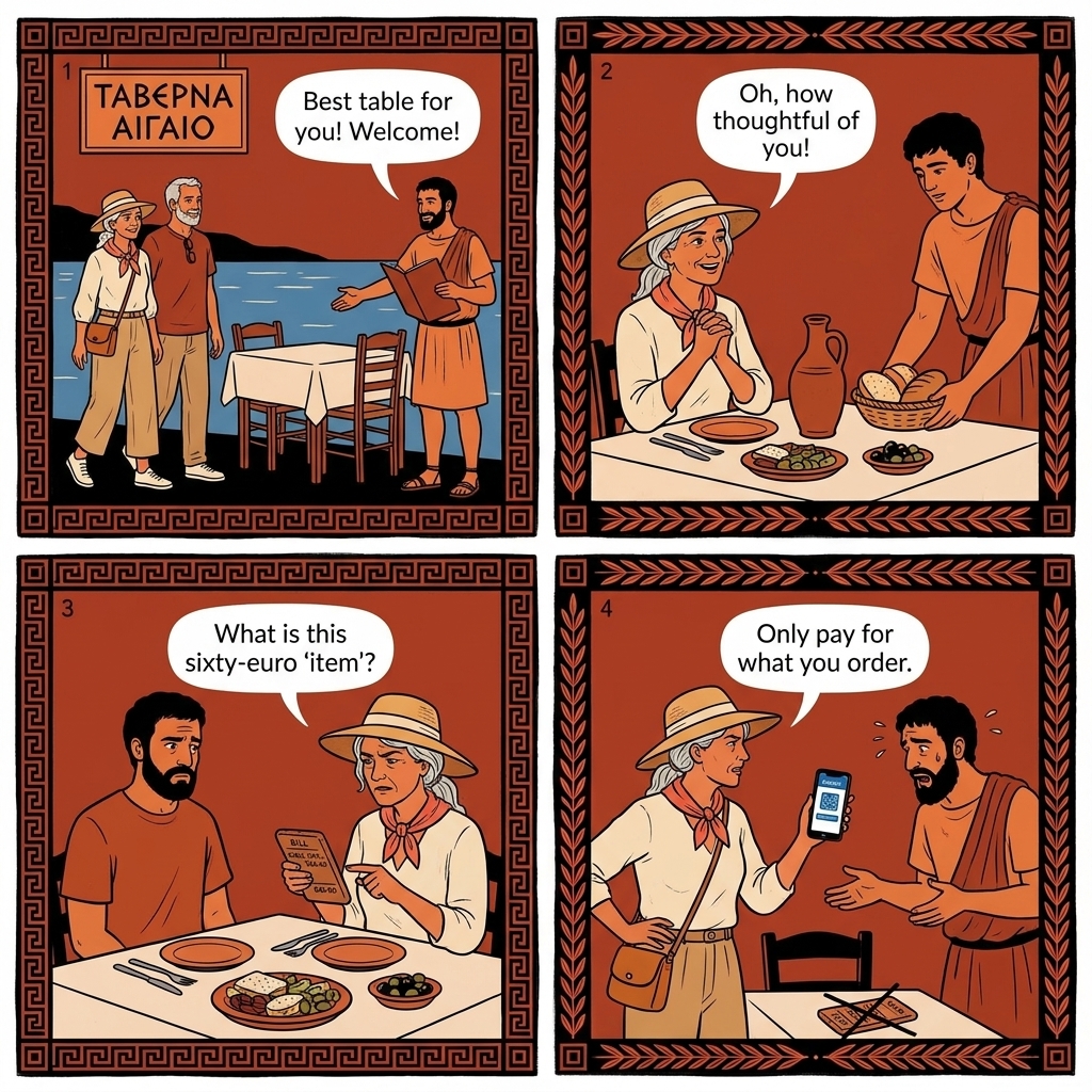 Kos Town Old Town Tourist-Menu Cover-Charge Padding — comic illustration