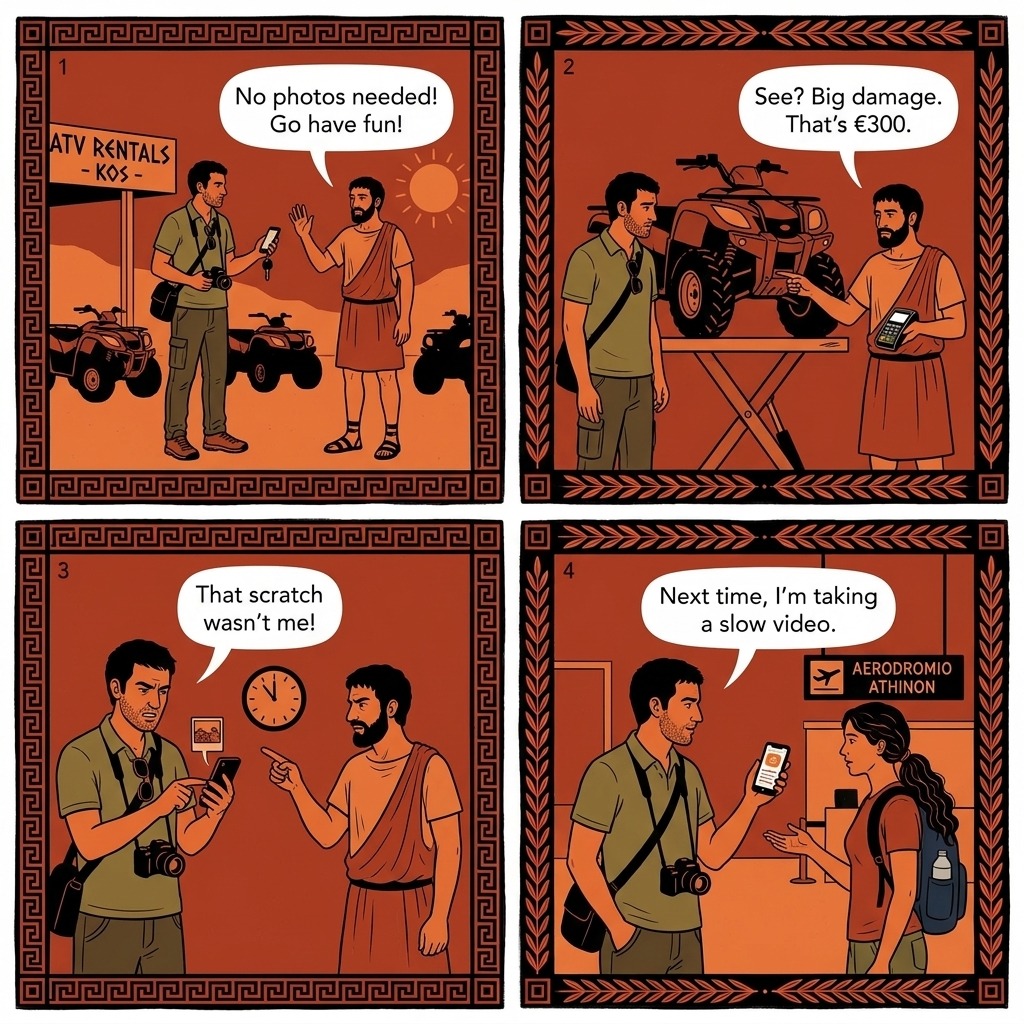 Kardamena Strip Scooter and ATV Damage-Deposit Cycle — comic illustration