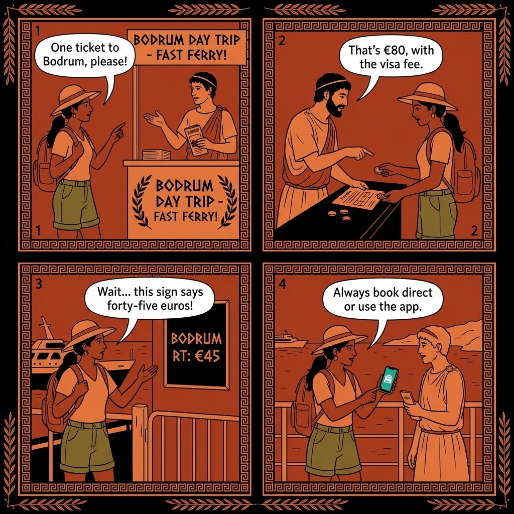 Mastichari–Bodrum Day-Trip Ferry Tout and Visa Confusion — comic illustration