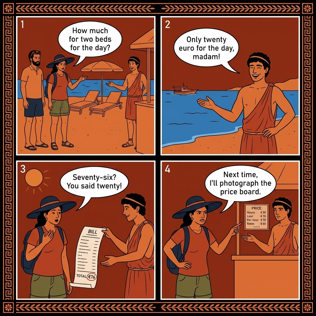 Tigaki and Mastichari Sunbed Per-Hour Ambiguity — comic illustration