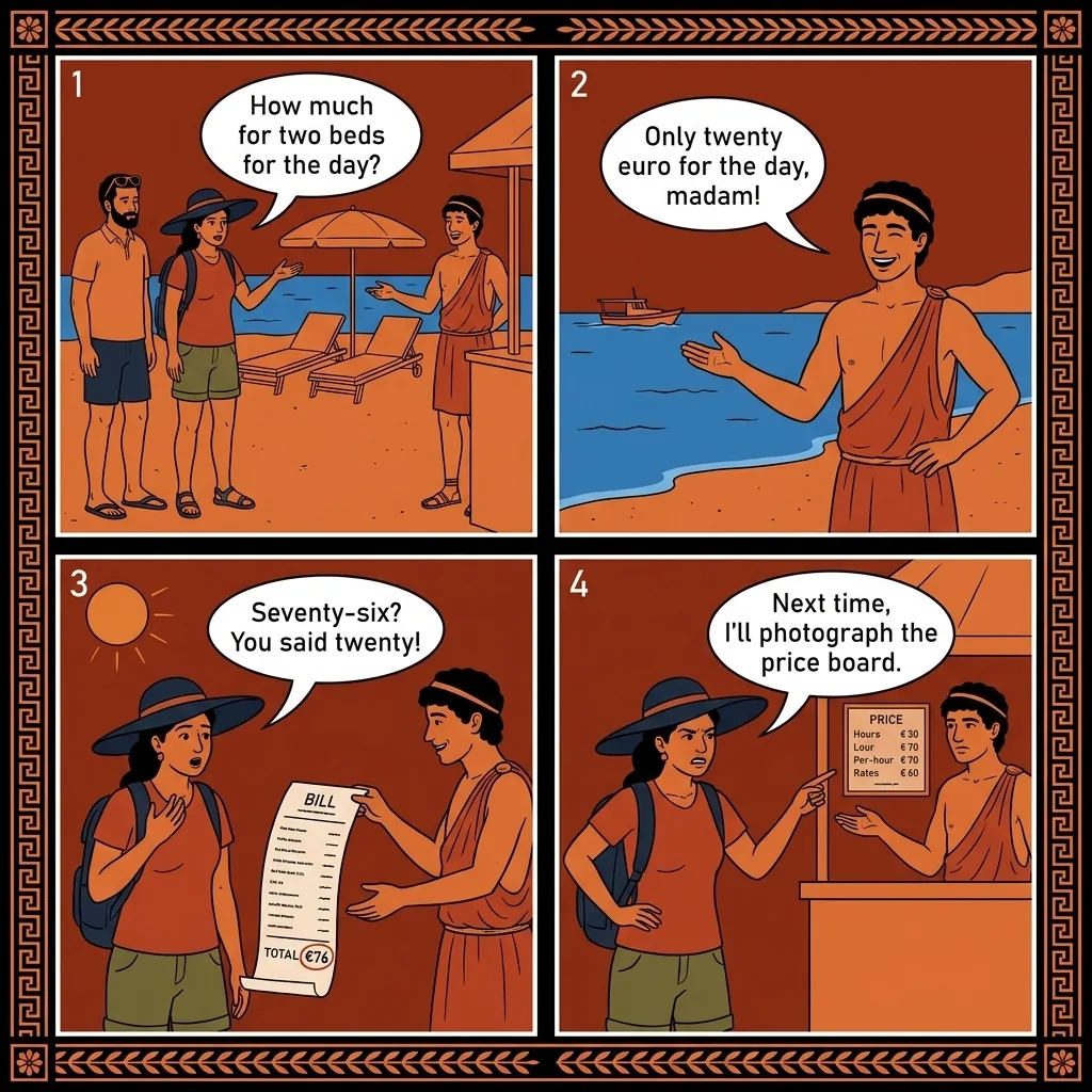 Tigaki and Mastichari Sunbed Per-Hour Ambiguity — comic illustration