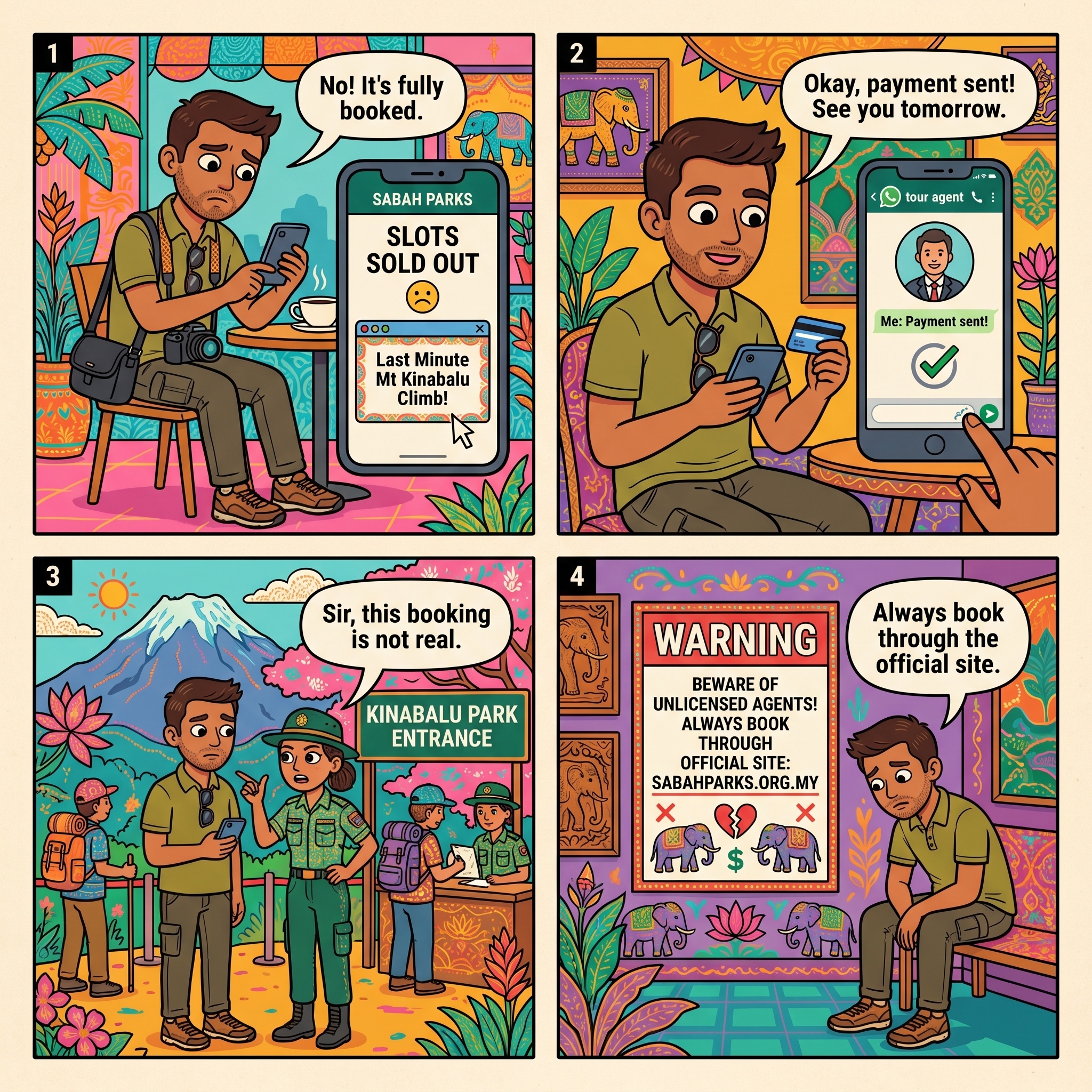 Mount Kinabalu Fake Climbing-Package & Unregistered Tour-Agent Scam — comic illustration