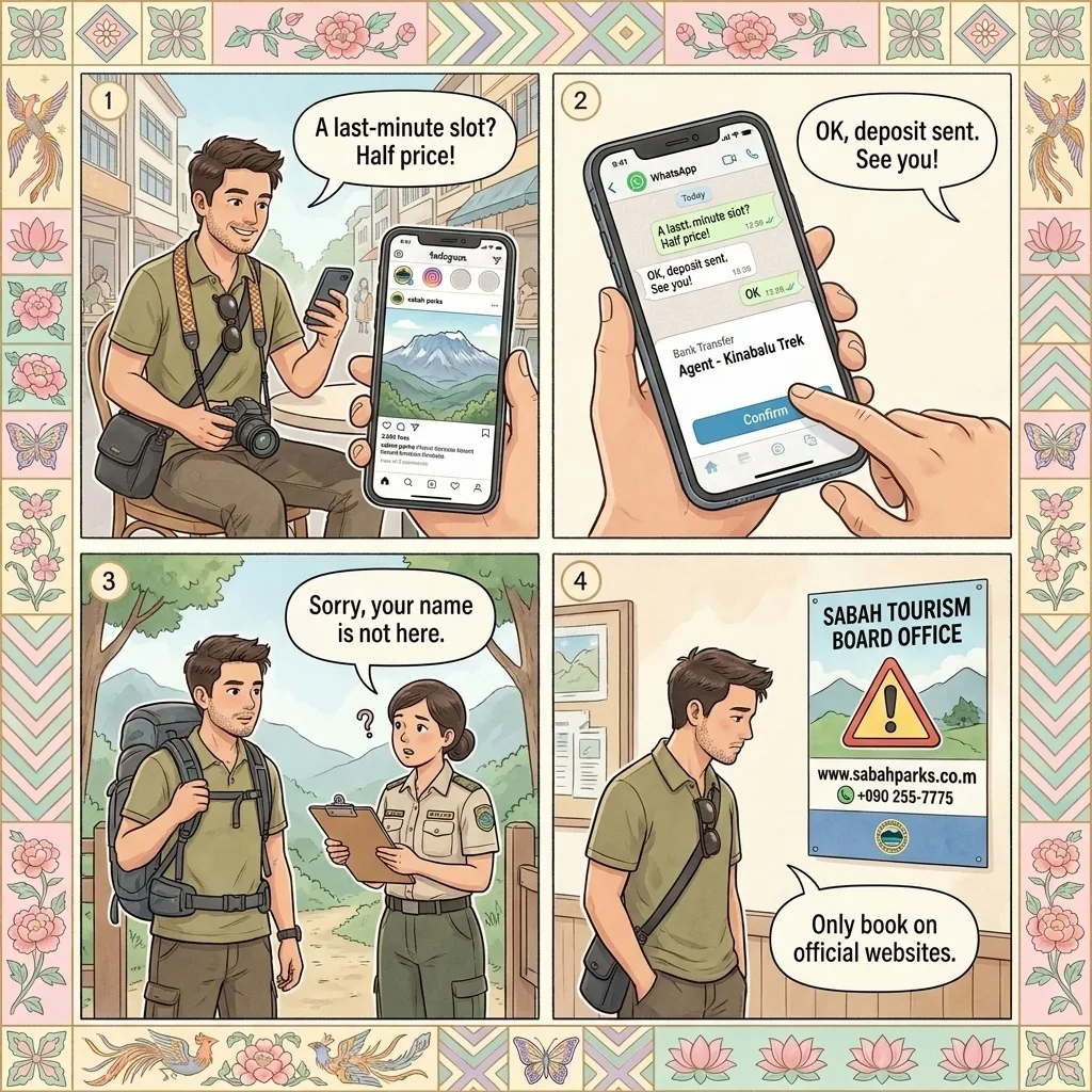 Mount Kinabalu Fake Climbing-Package & Unregistered Tour-Agent Scam — comic illustration