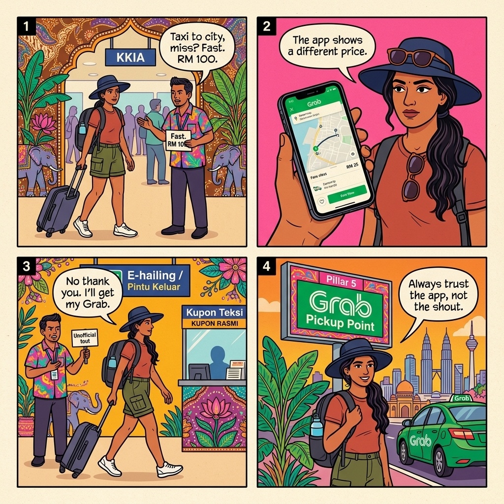 Kota Kinabalu Airport (KKIA/BKI) Taxi-Coupon Overcharge & Grab Cancellation Scam — comic illustration