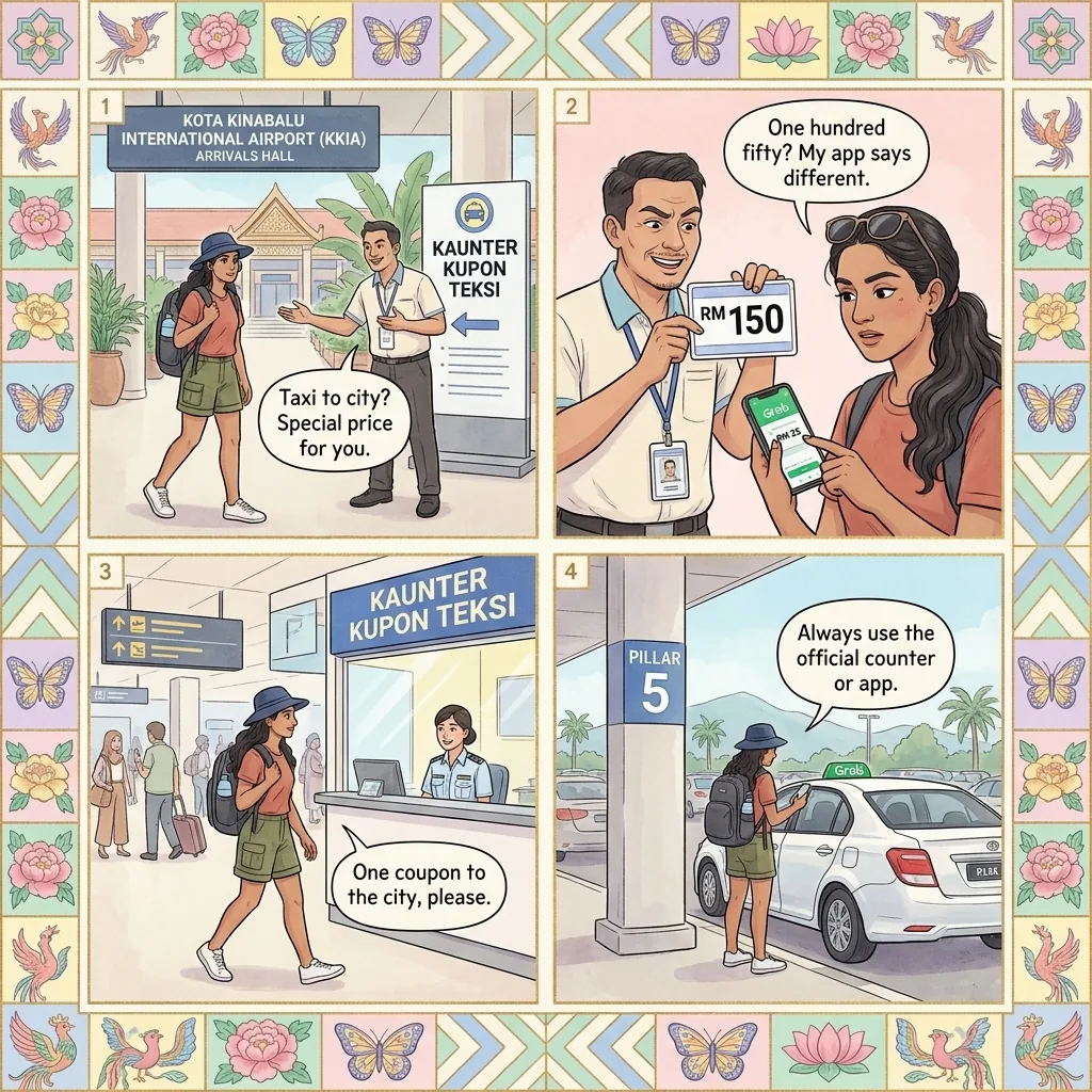 Kota Kinabalu Airport (KKIA/BKI) Taxi-Coupon Overcharge & Grab Cancellation Scam — comic illustration