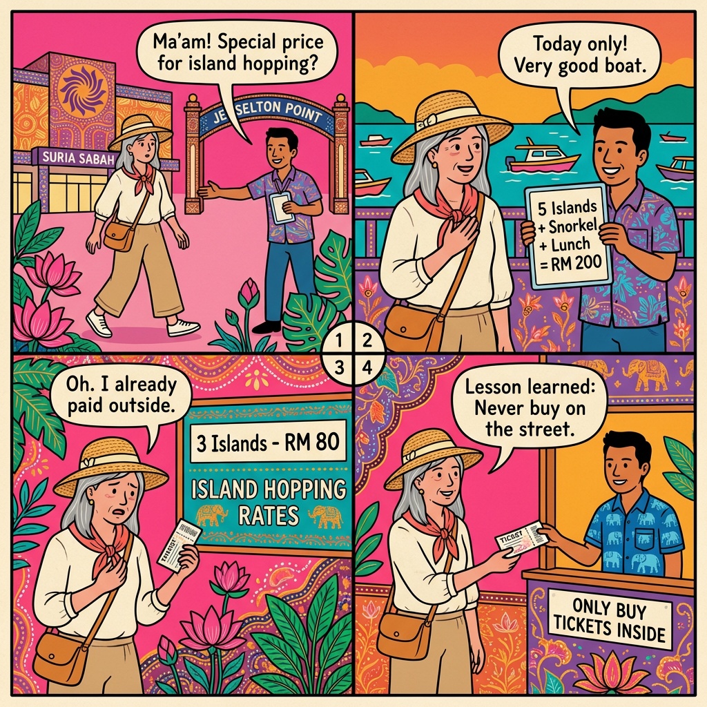 Jesselton Point & Suria Sabah Illegal Island-Hopping Tout Scam — comic illustration