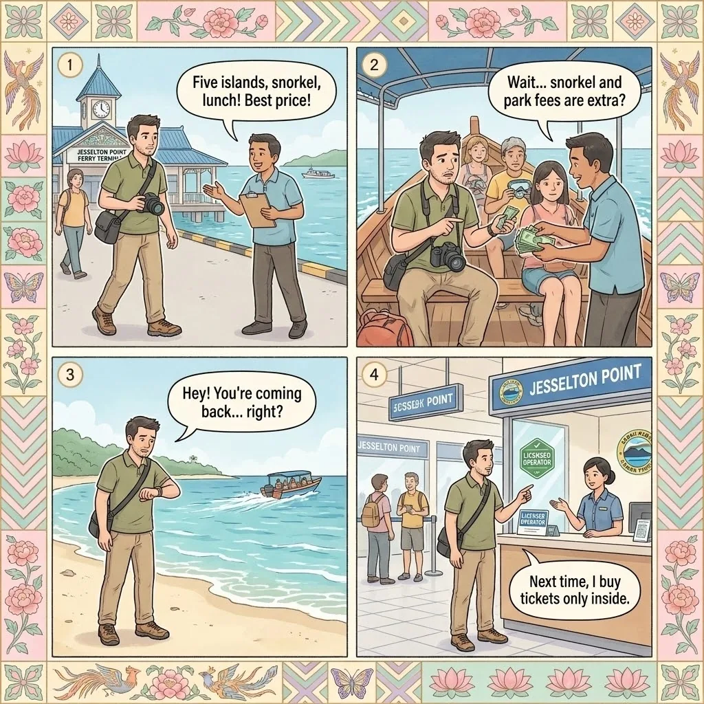 Jesselton Point & Suria Sabah Illegal Island-Hopping Tout Scam — comic illustration