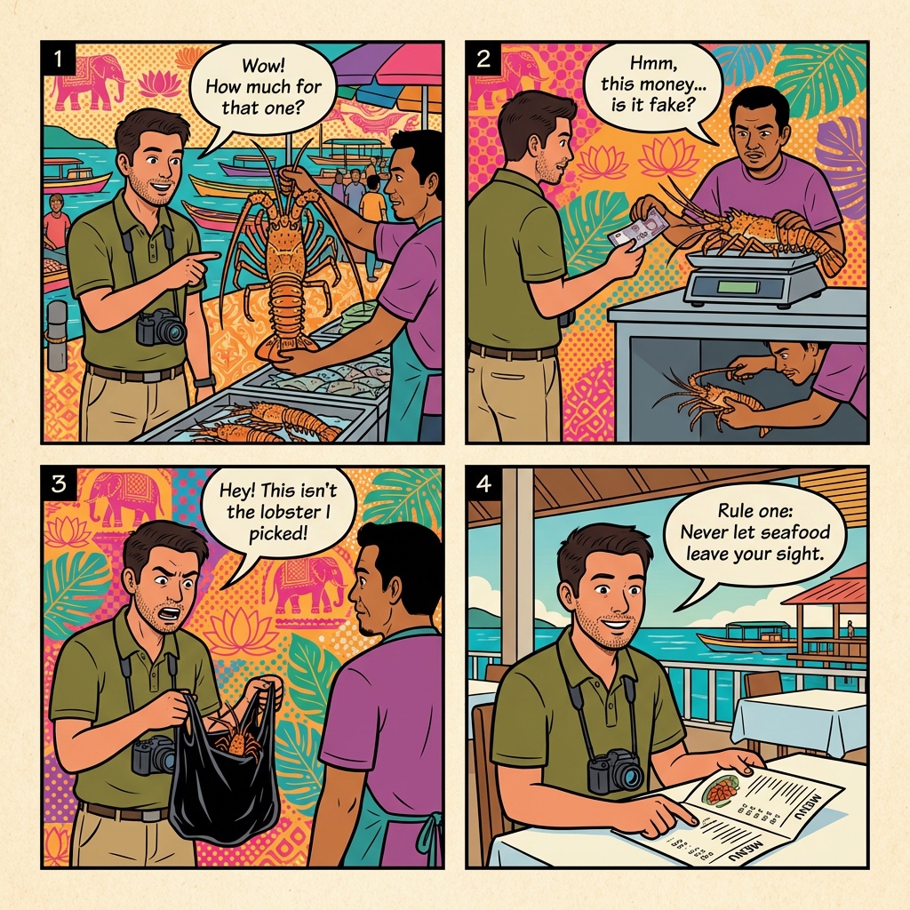 Semporna (Sipadan Gateway) Lobster-Switch & Seafood-Market Overcharge Scam — comic illustration
