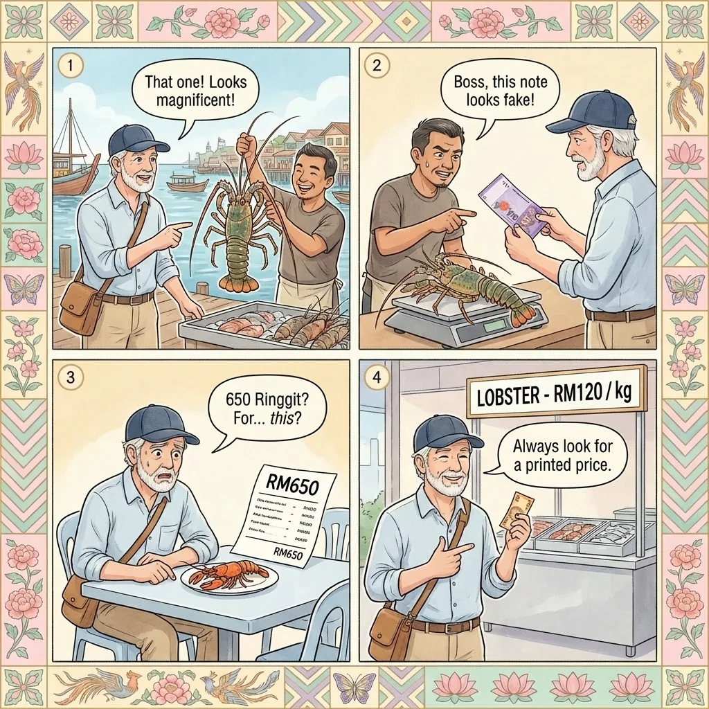 Semporna (Sipadan Gateway) Lobster-Switch & Seafood-Market Overcharge Scam — comic illustration