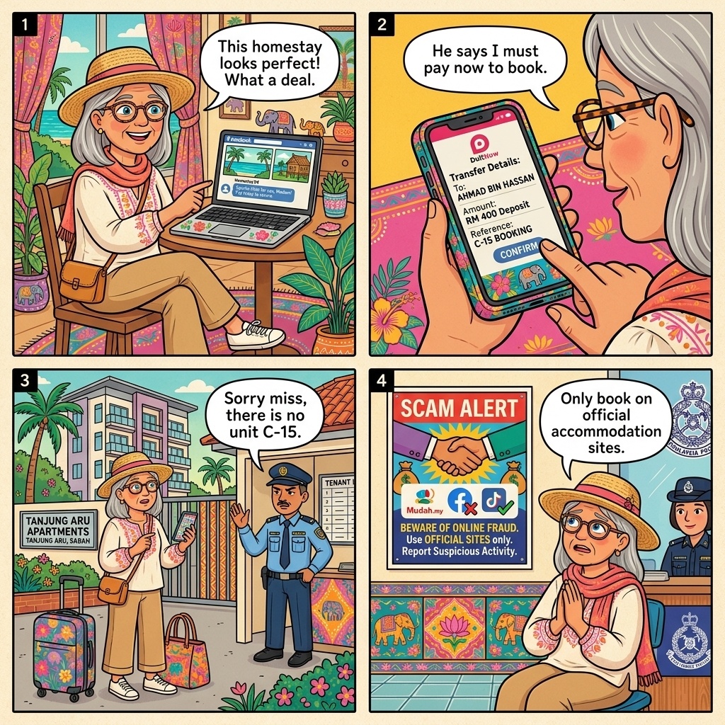 Kota Kinabalu Online-Fraud Environment: Fake Homestay, Mudah.my Vehicle & Macau-Scam Pattern — comic illustration