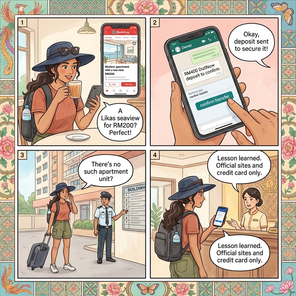 Kota Kinabalu Online-Fraud Environment: Fake Homestay, Mudah.my Vehicle & Macau-Scam Pattern — comic illustration