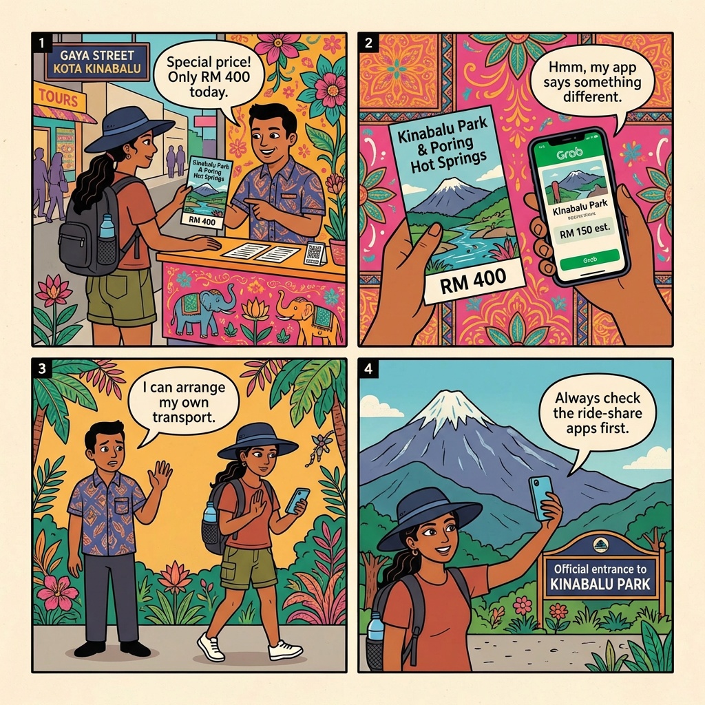 Sabah Interior Day-Trip Markup: Sepilok, Kundasang & Poring Hot Springs Tout Scam — comic illustration