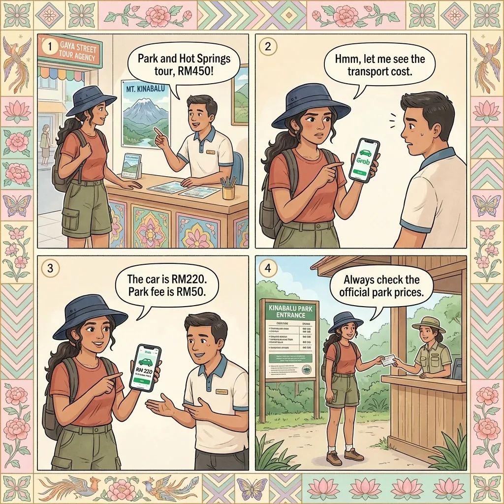 Sabah Interior Day-Trip Markup: Sepilok, Kundasang & Poring Hot Springs Tout Scam — comic illustration