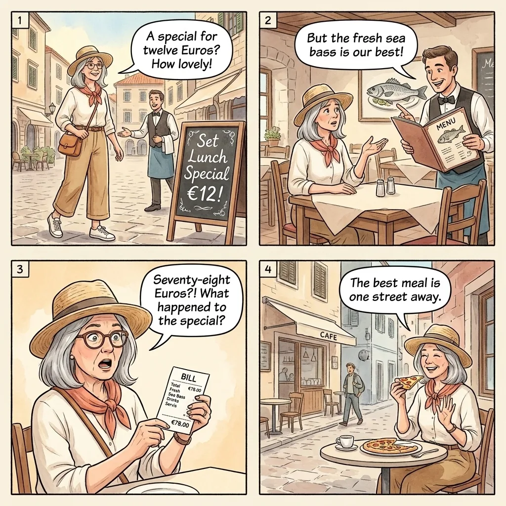 Old Town Restaurant Tourist Markup — comic illustration